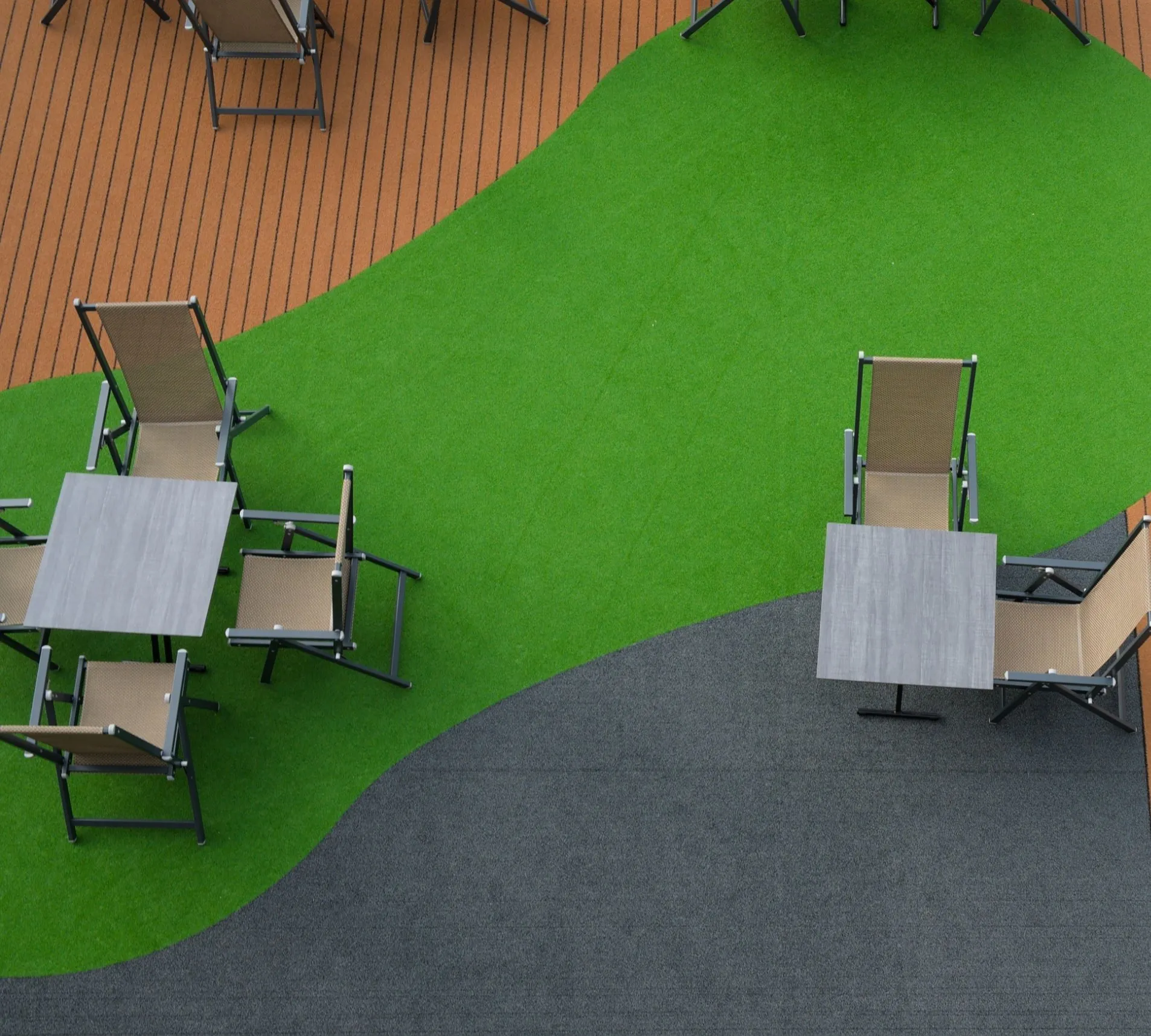 Curved artificial turf section set into a wood deck with patio chairs